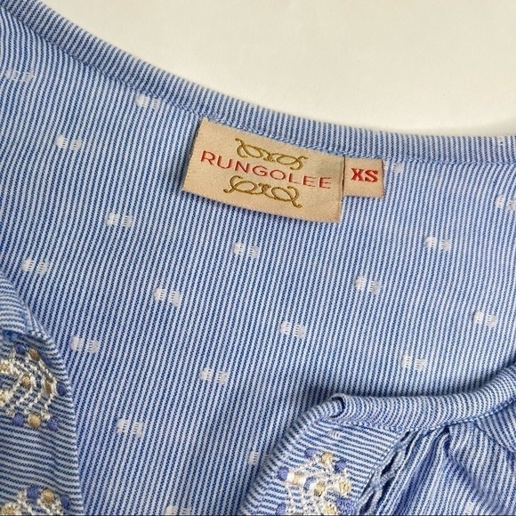 Rungolee Boho Blue Chambray Cottagecore Embroidered Bell Sleeve Tassel Dress - Picture 3 of 17